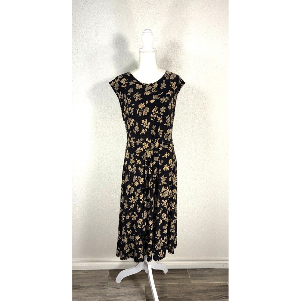 Lauren‎ Ralph Lauren Dress Womens Large Black Tan Floral Midi Buckle Stretch L/G